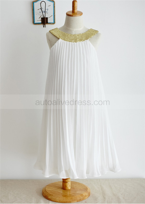 Gold Sequin Collar Ivory Pleated Chiffon Tea Length Flower Girl Dress
